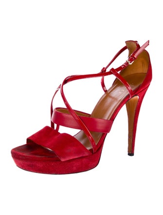 Gucci Suede Leather Trim Embellishment T-Strap Sandals