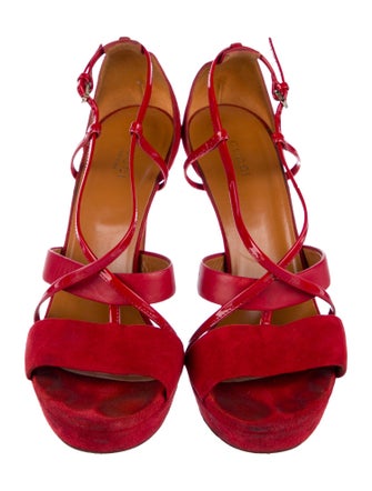 Gucci Suede Leather Trim Embellishment T-Strap Sandals