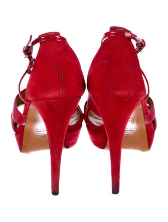 Gucci Suede Leather Trim Embellishment T-Strap Sandals