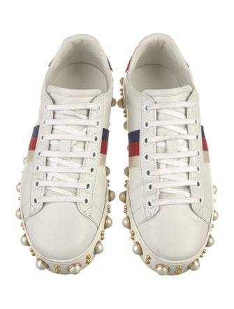 Gucci Faux Pearl Accents Leather Sneakers