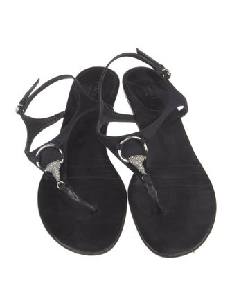 Gucci Satin Crystal Embellishments T-Strap Sandals