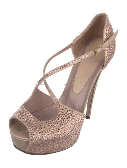 Gucci Satin Crystal Embellishments T-Strap Pumps
