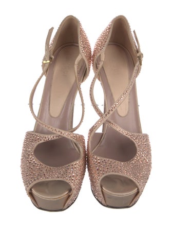 Gucci Satin Crystal Embellishments T-Strap Pumps