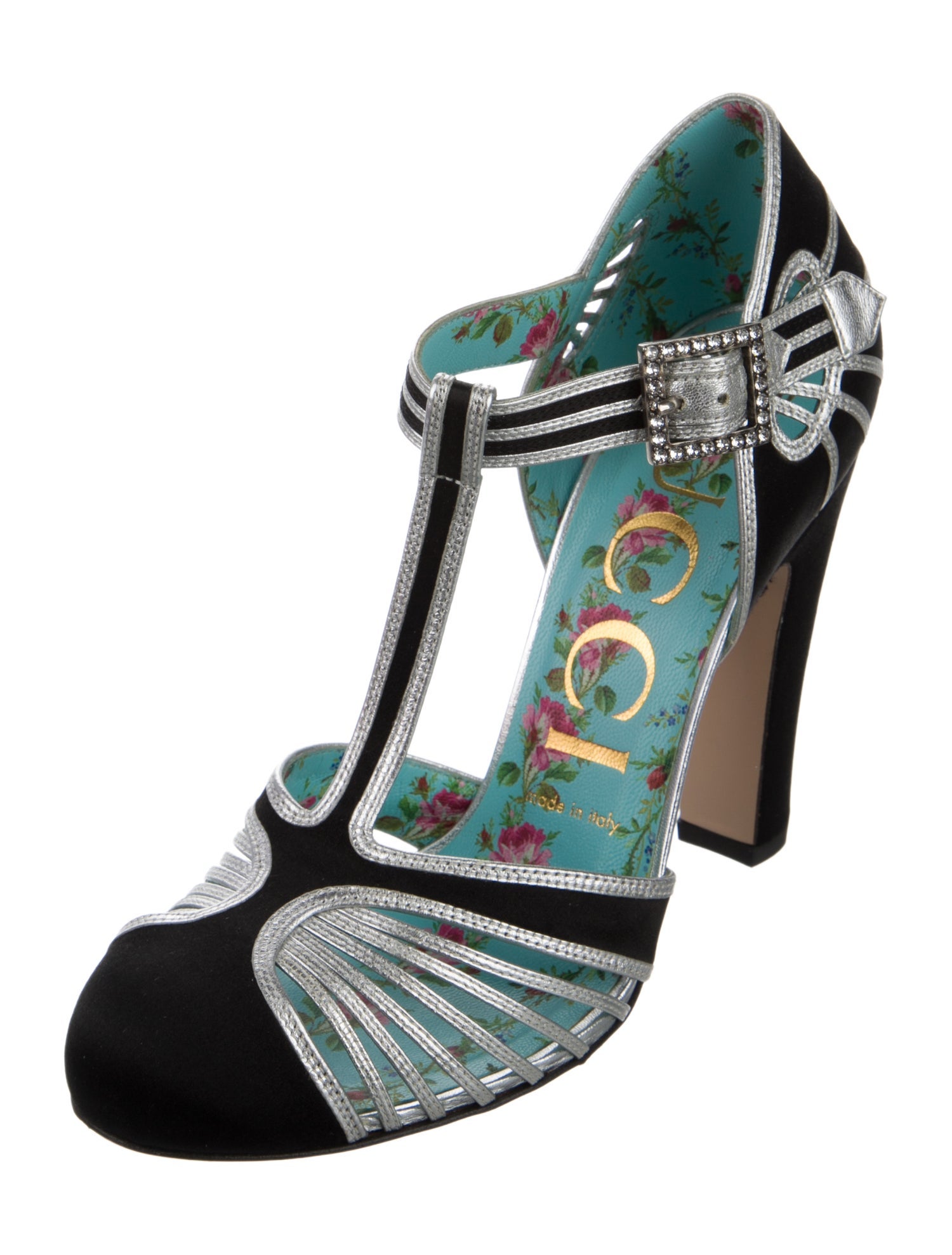 Gucci Satin Colorblock Pattern T-Strap Pumps