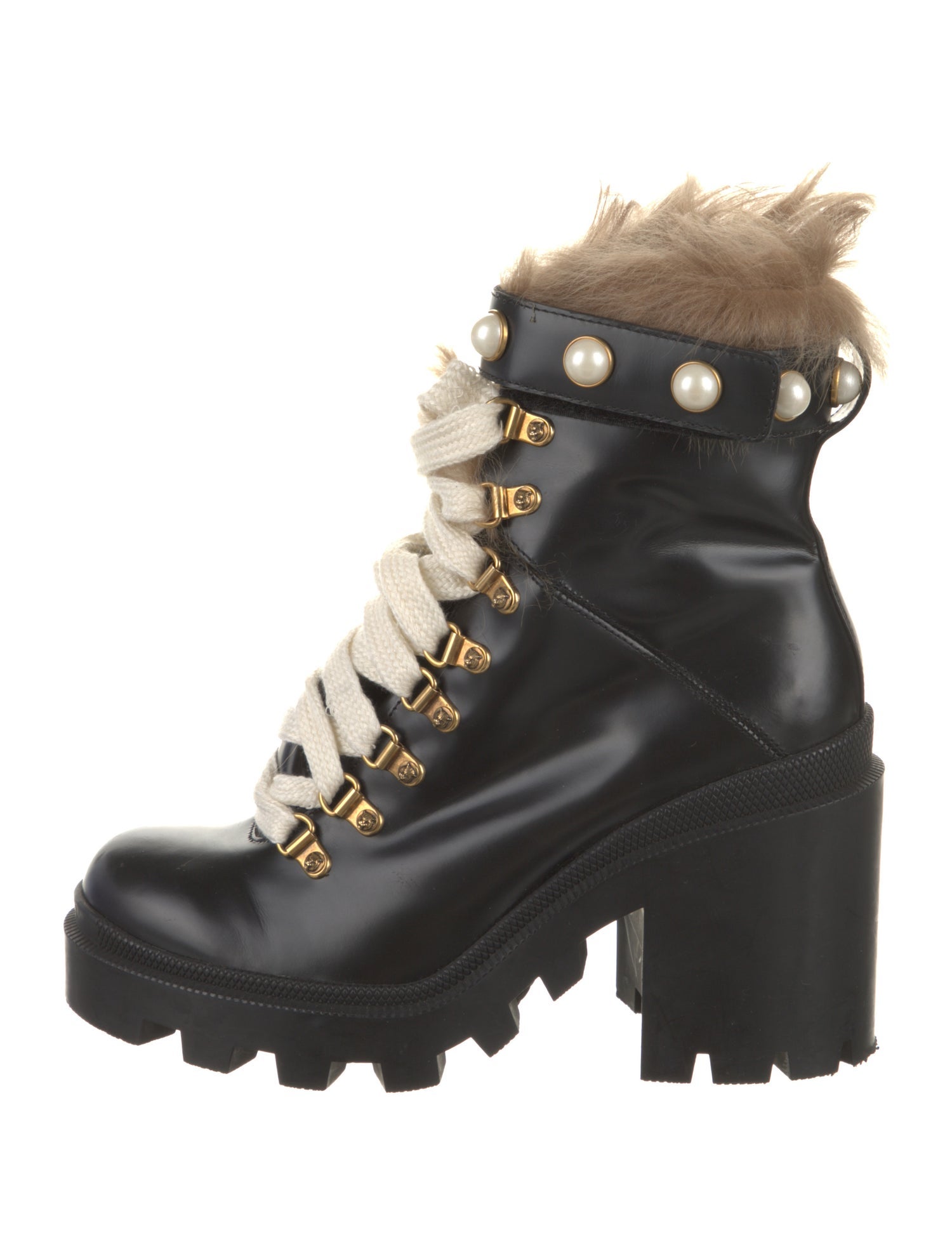 Gucci Faux Pearl Accents Leather Combat Boots