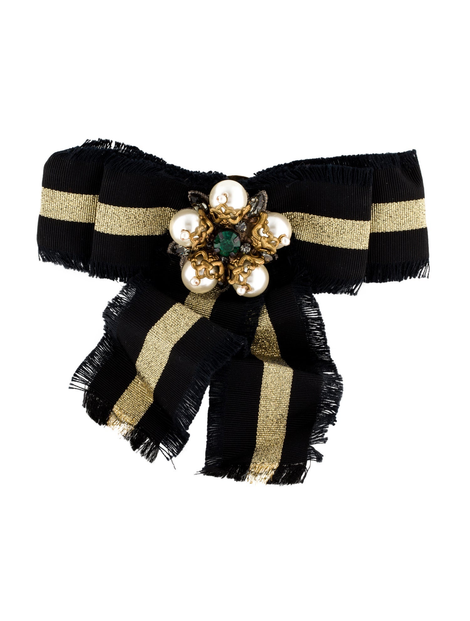 Gucci Faux Pearl, Crystal & Ribbon Web Grosgrain Bow Brooch
