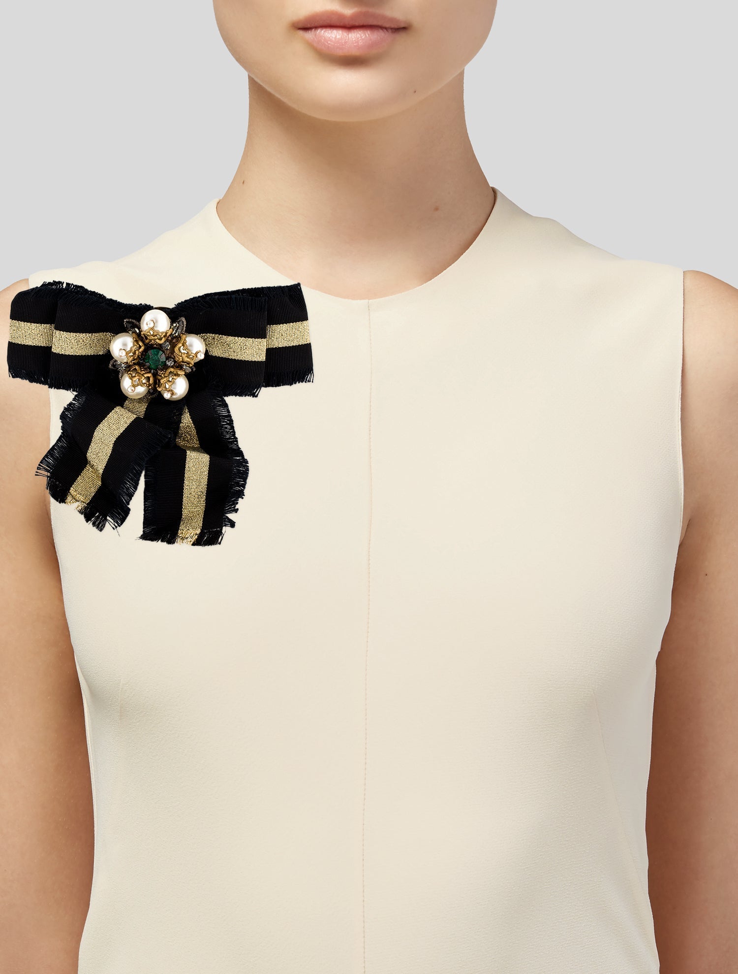 Gucci Faux Pearl, Crystal & Ribbon Web Grosgrain Bow Brooch