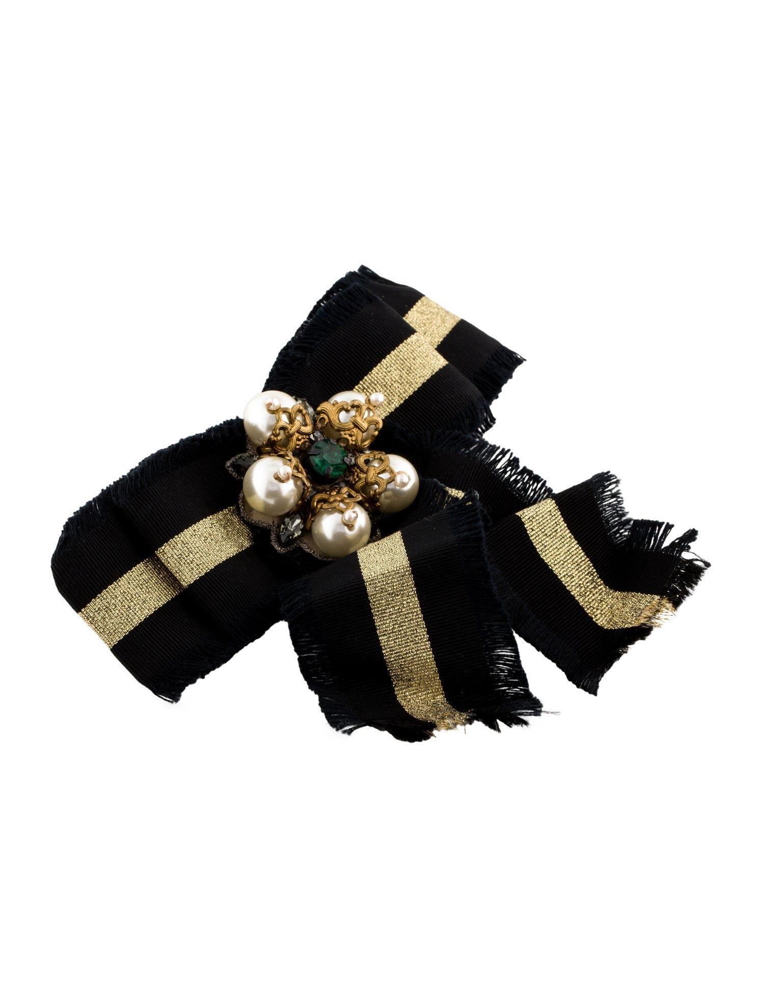 Gucci Faux Pearl, Crystal & Ribbon Web Grosgrain Bow Brooch