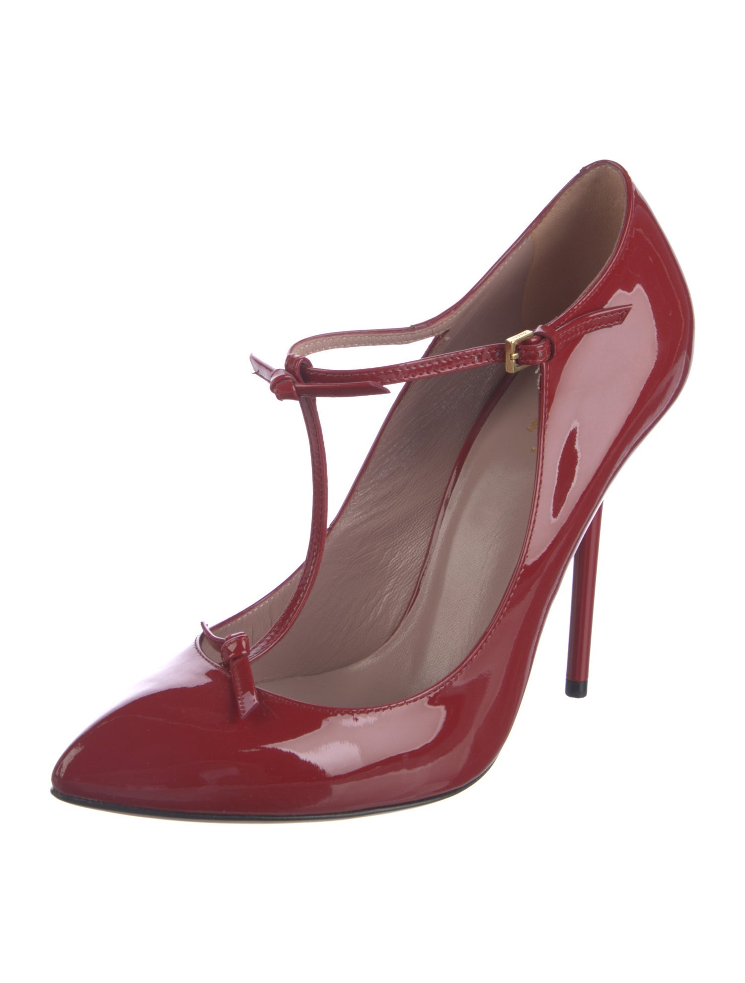 Gucci Patent Leather Bow Accents T-Strap Pumps