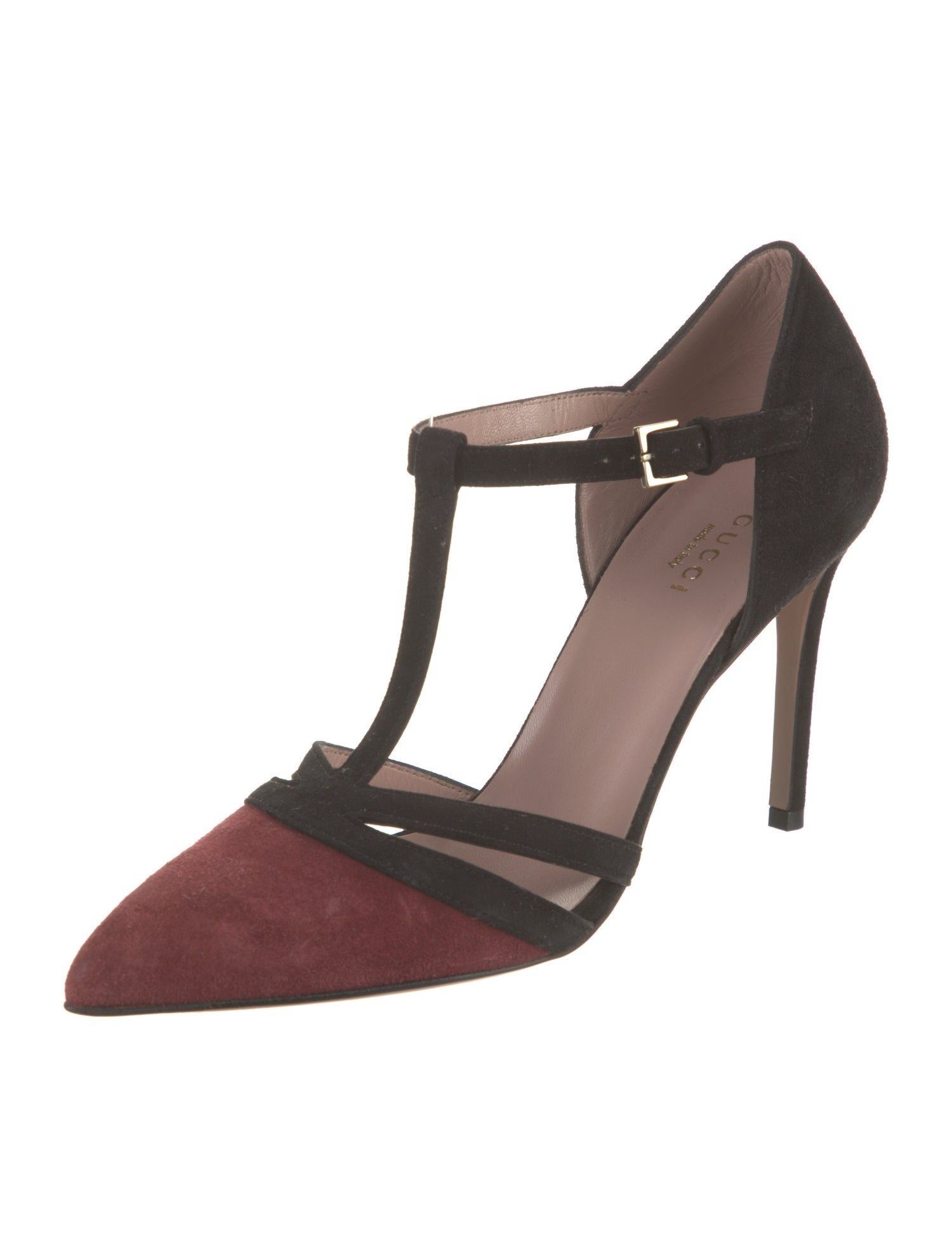 Gucci Suede Colorblock Pattern T-Strap Pumps