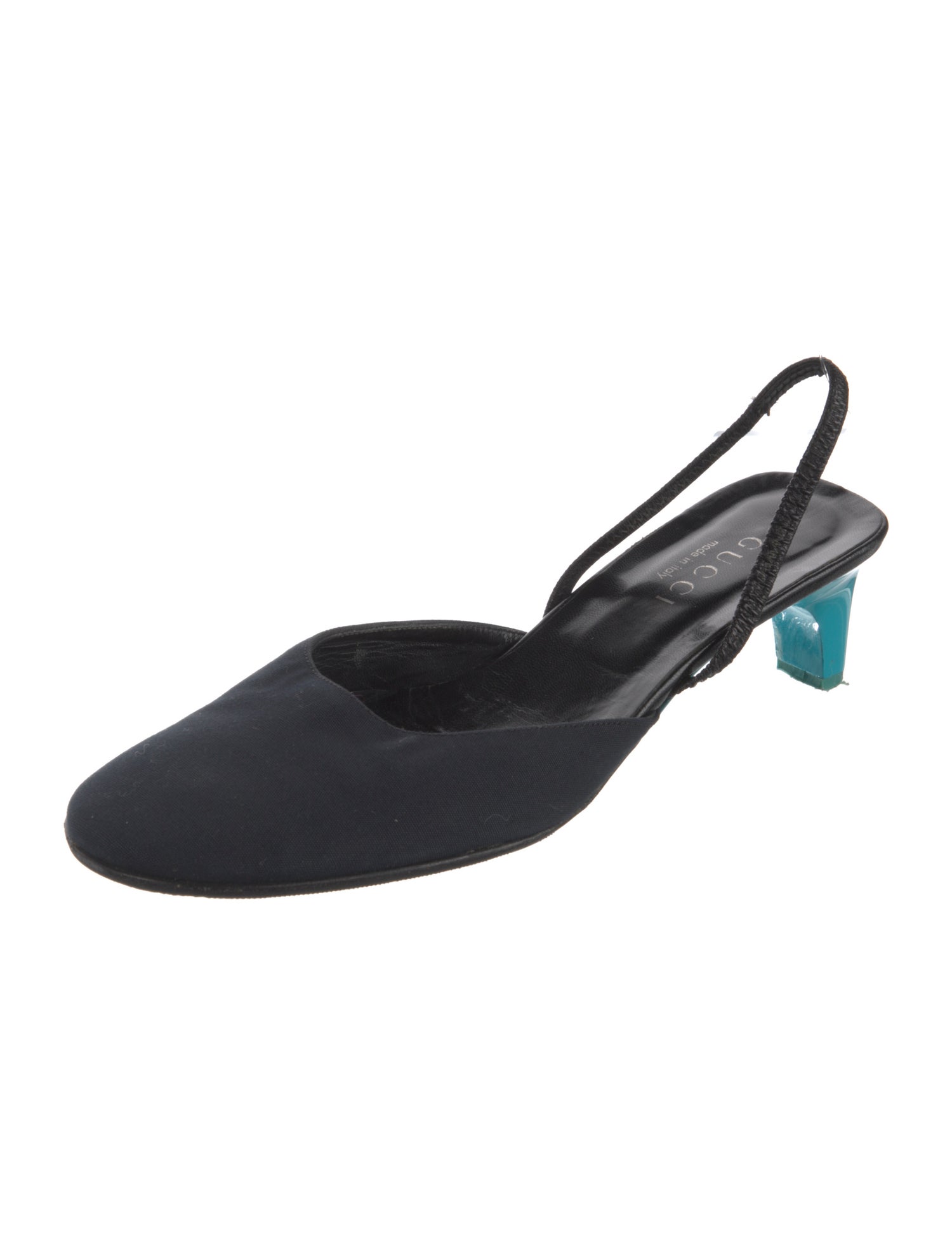 Gucci Canvas Leather Trim Embellishment Slingback Pumps