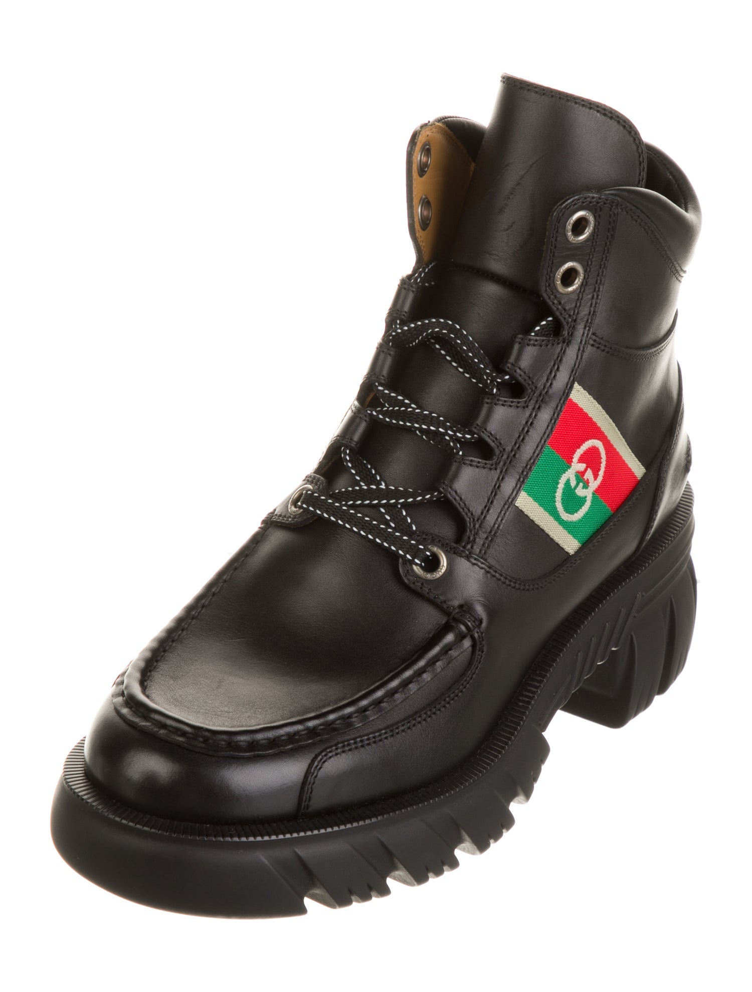 Gucci Web Accent Leather Combat Boots