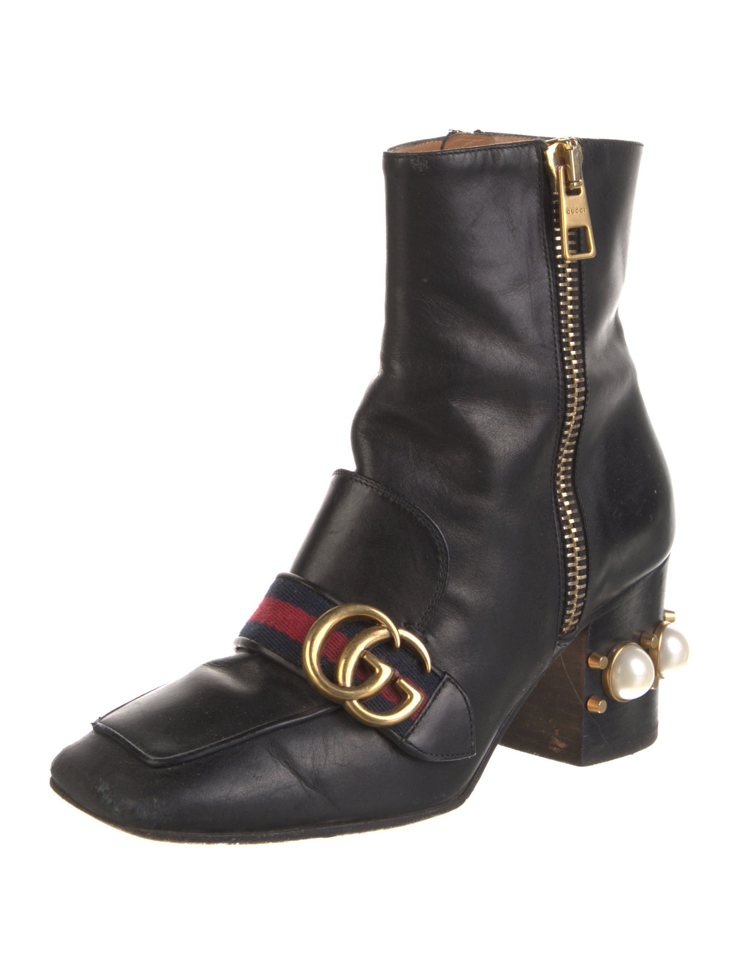 Gucci Faux Pearl Accents Leather Boots