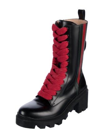 Gucci Web Accent Leather Combat Boots