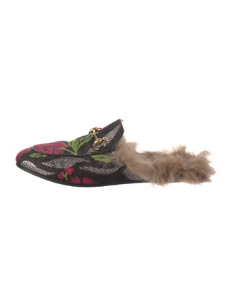 Gucci Floral Print Fur Trim Mules