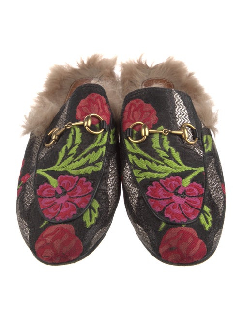 Gucci Floral Print Fur Trim Mules