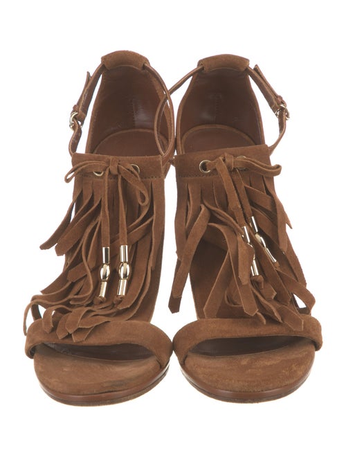 Gucci Suede Fringe Trim Accent T-Strap Sandals