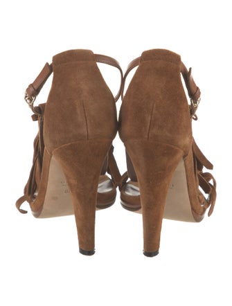 Gucci Suede Fringe Trim Accent T-Strap Sandals