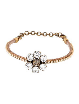 Gucci Crystal & Leather Double G Bracelet