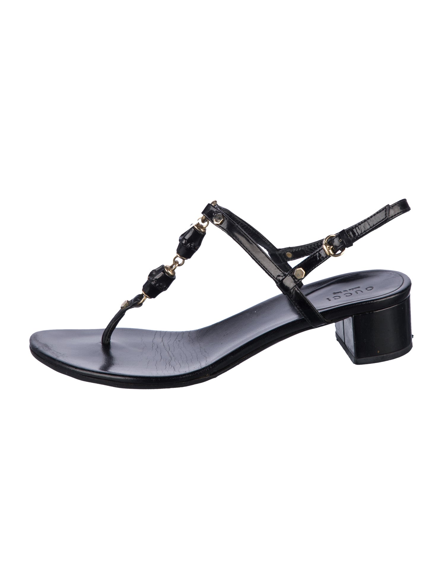 Gucci Bamboo Accent Patent Leather T-Strap Sandals