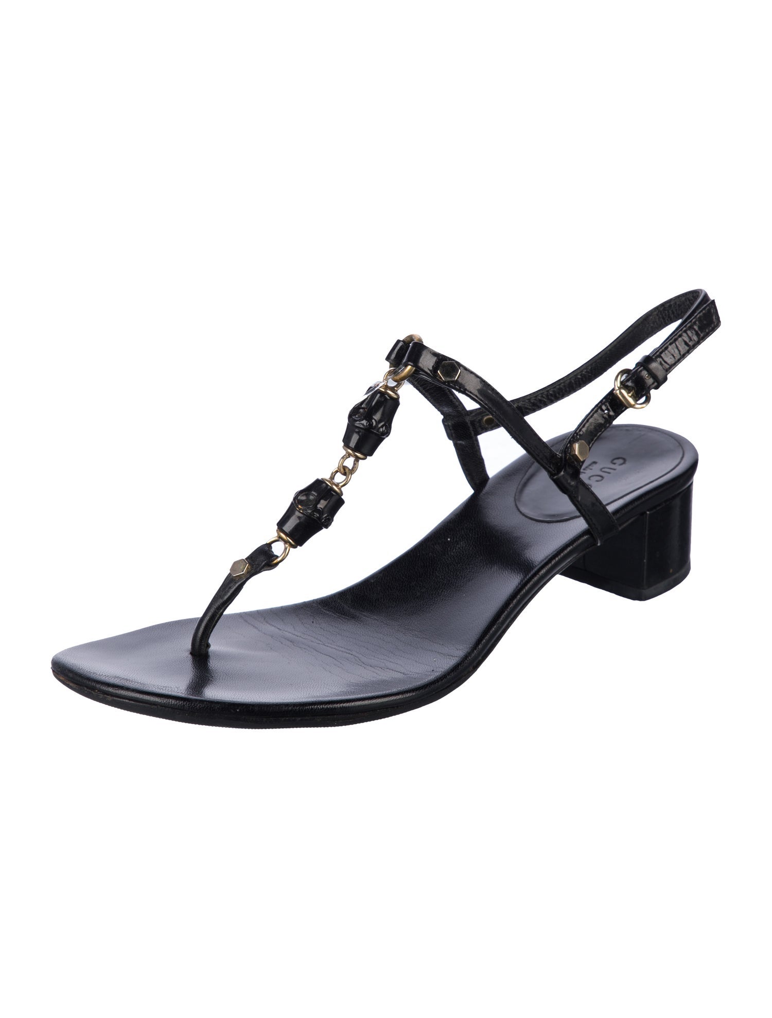 Gucci Bamboo Accent Patent Leather T-Strap Sandals