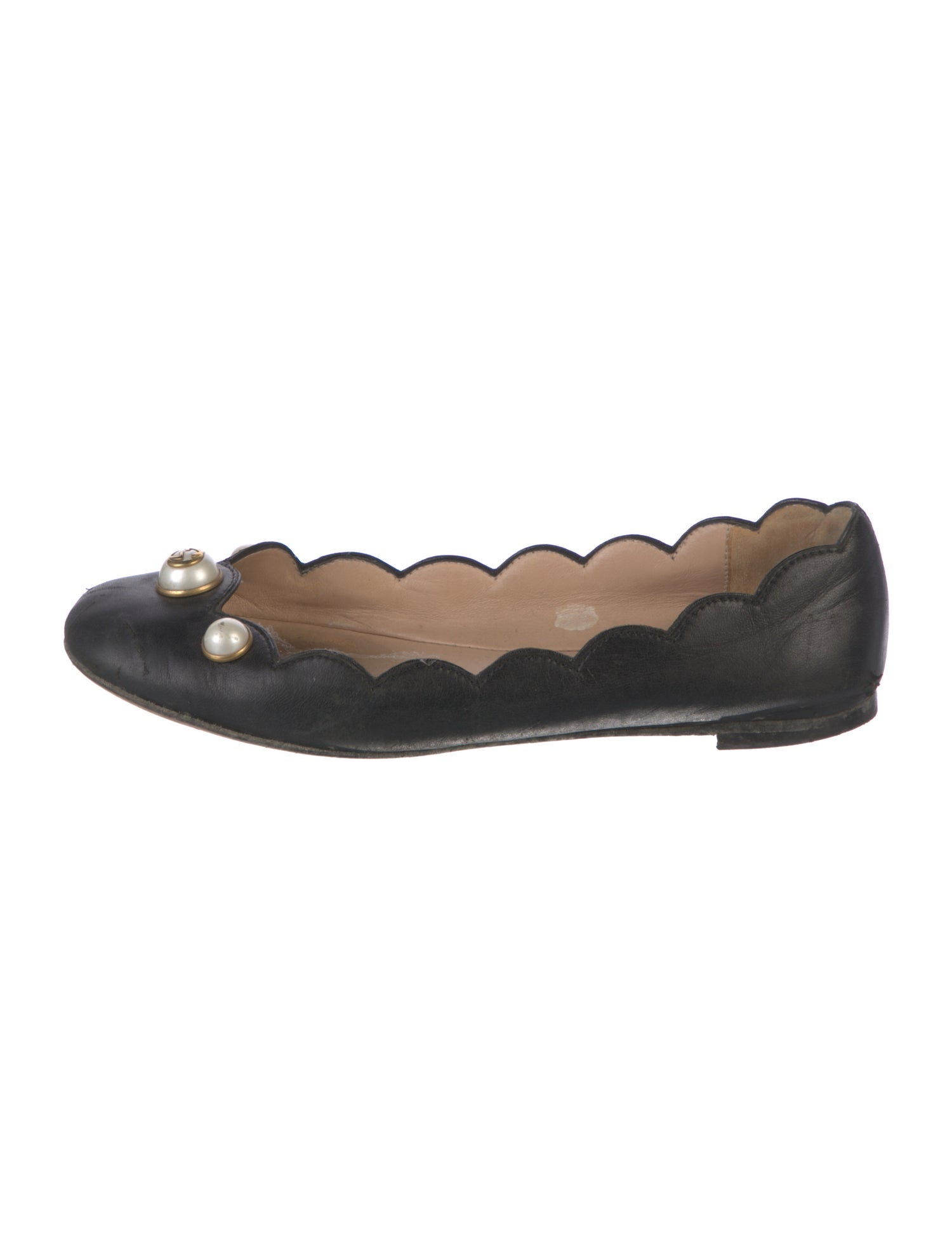 Gucci Faux Pearl Accents Leather Ballet Flats