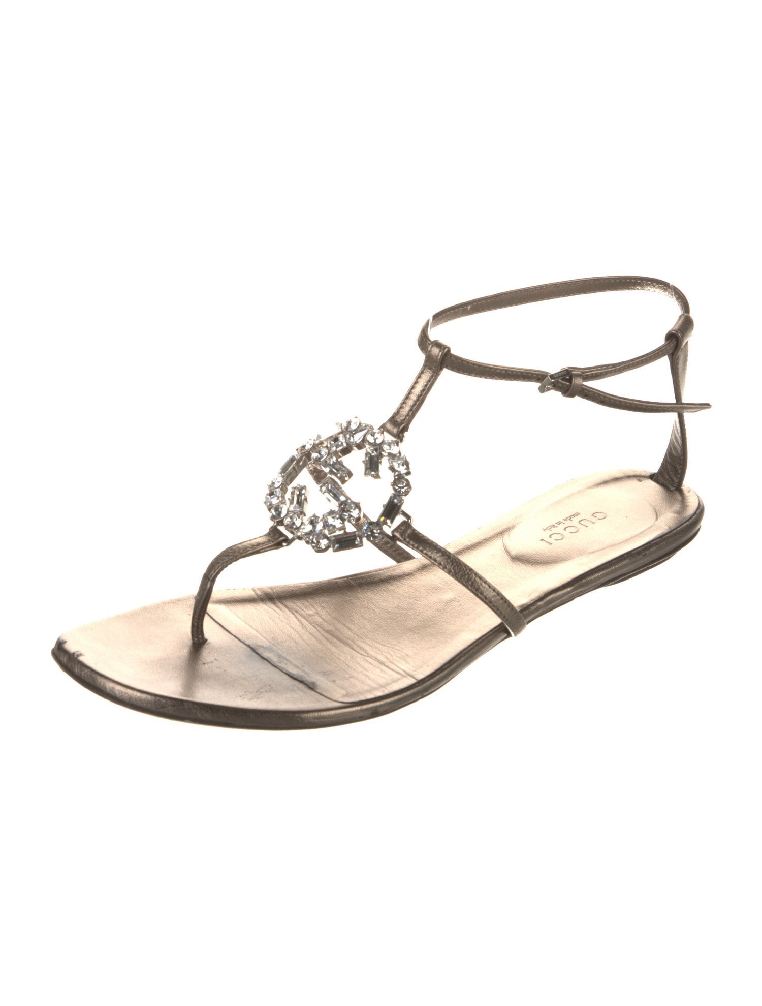 Gucci Leather Crystal Embellishments T-Strap Sandals