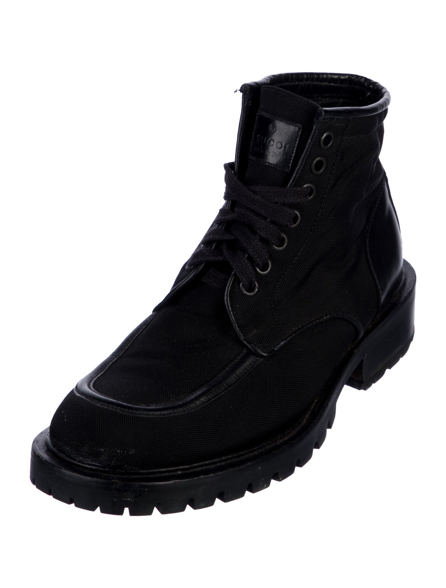 Gucci Canvas Leather Trim Embellishment Combat Boots