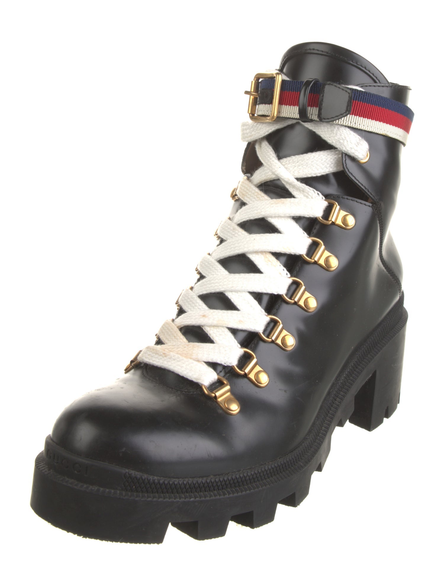 Gucci Sylvie Web Accent Leather Combat Boots