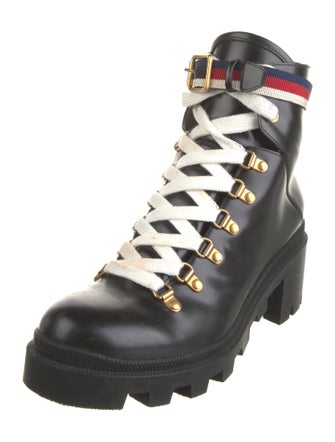 Gucci Sylvie Web Accent Leather Combat Boots