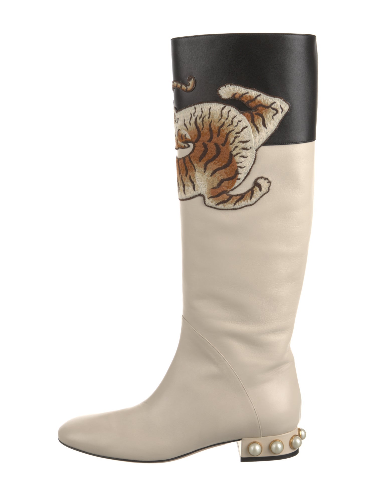Gucci Leather Graphic Print Riding Boots