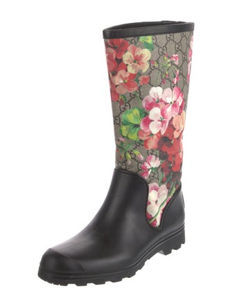 Gucci Flora Print Leather Trim Embellishment Rain Boots