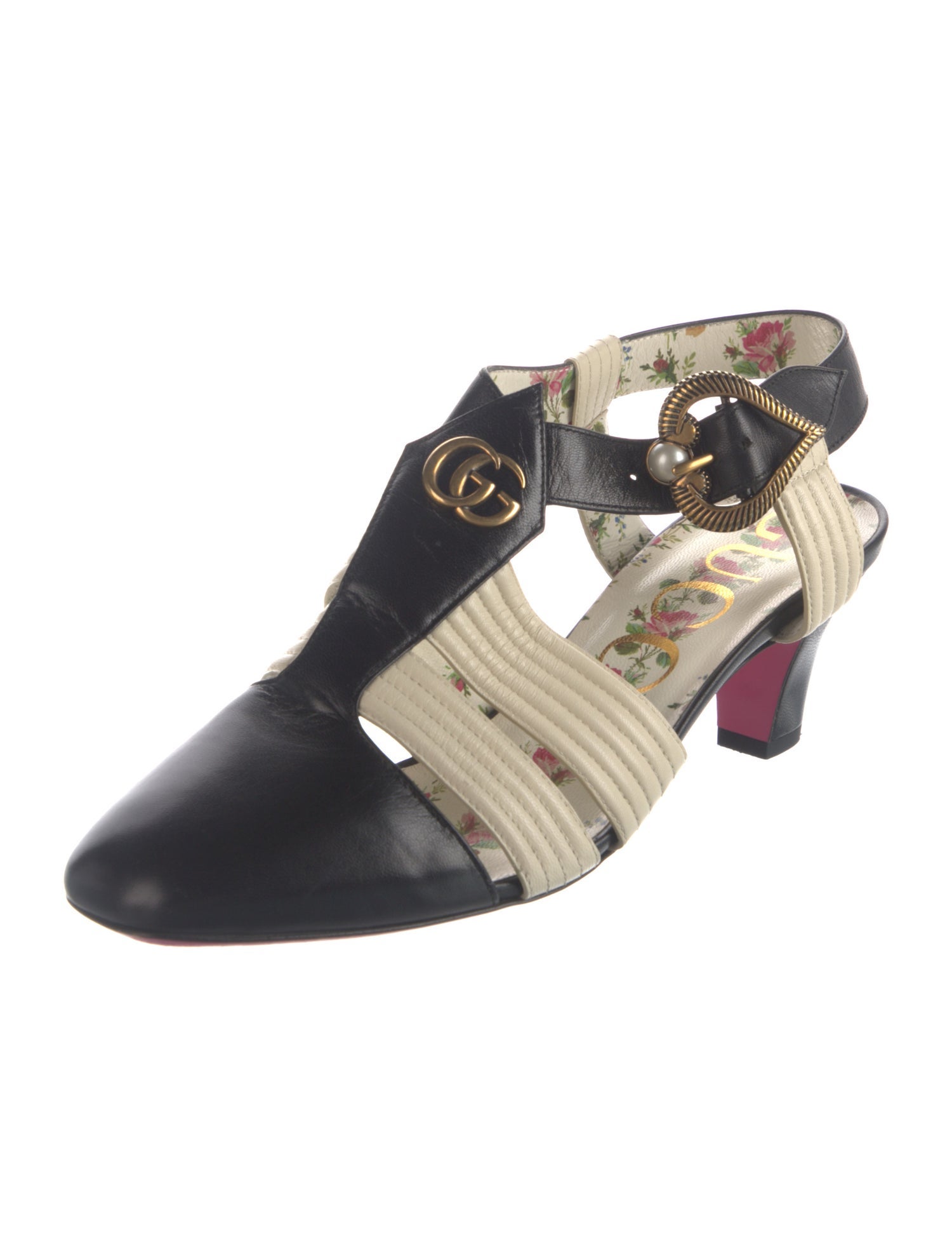 Gucci Faux Pearl Accents Leather Slingback Pumps