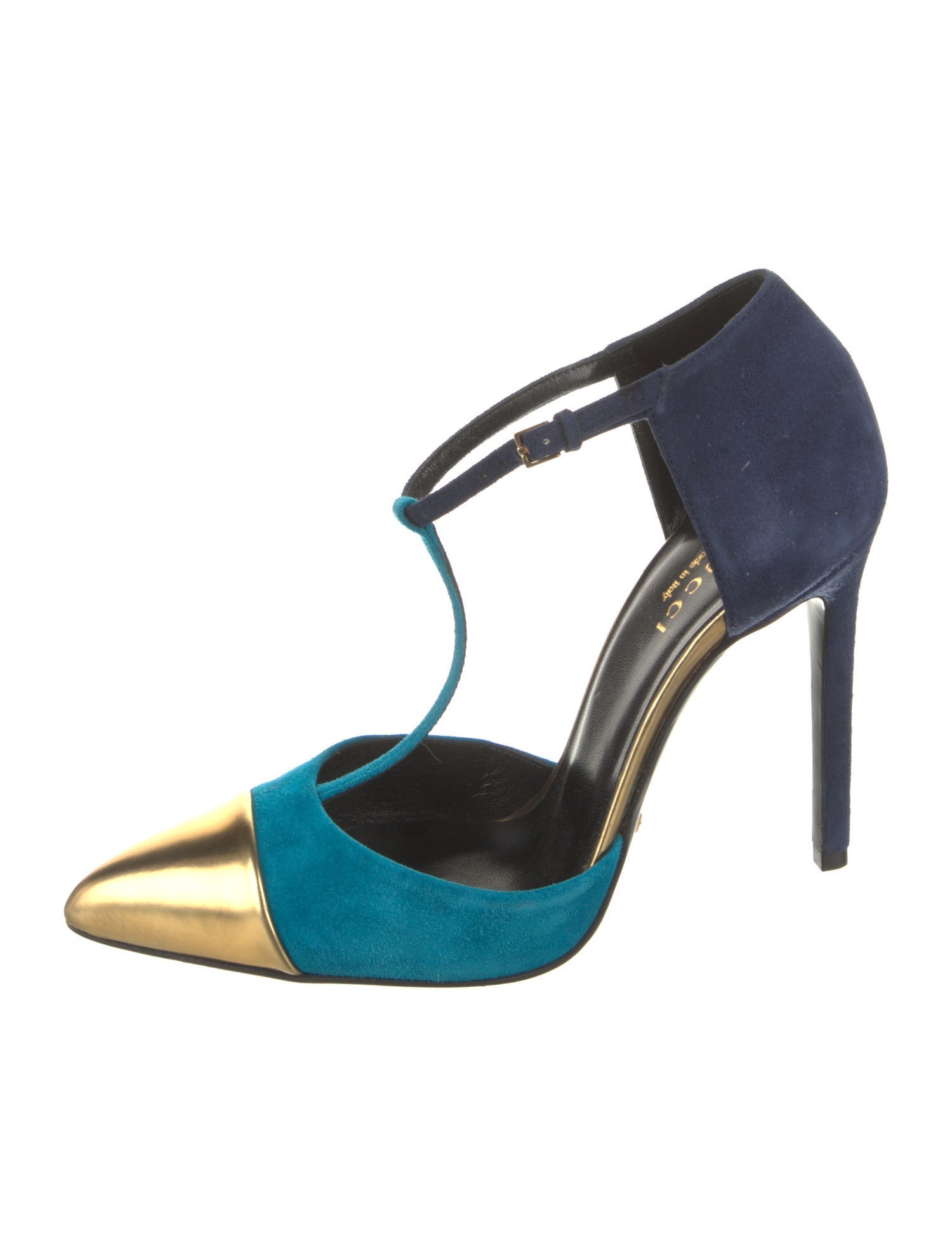 Gucci Suede Colorblock Pattern T-Strap Pumps