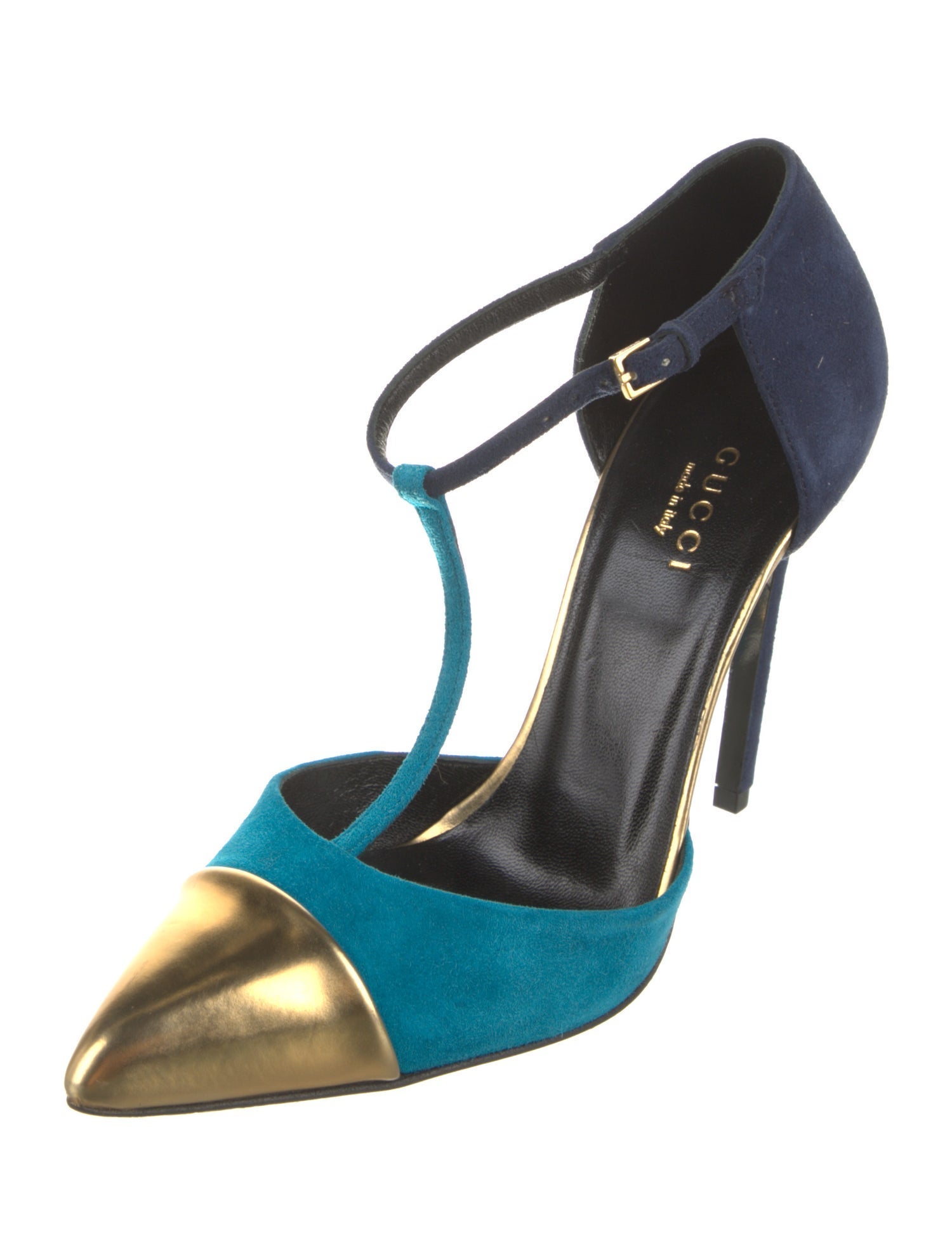 Gucci Suede Colorblock Pattern T-Strap Pumps