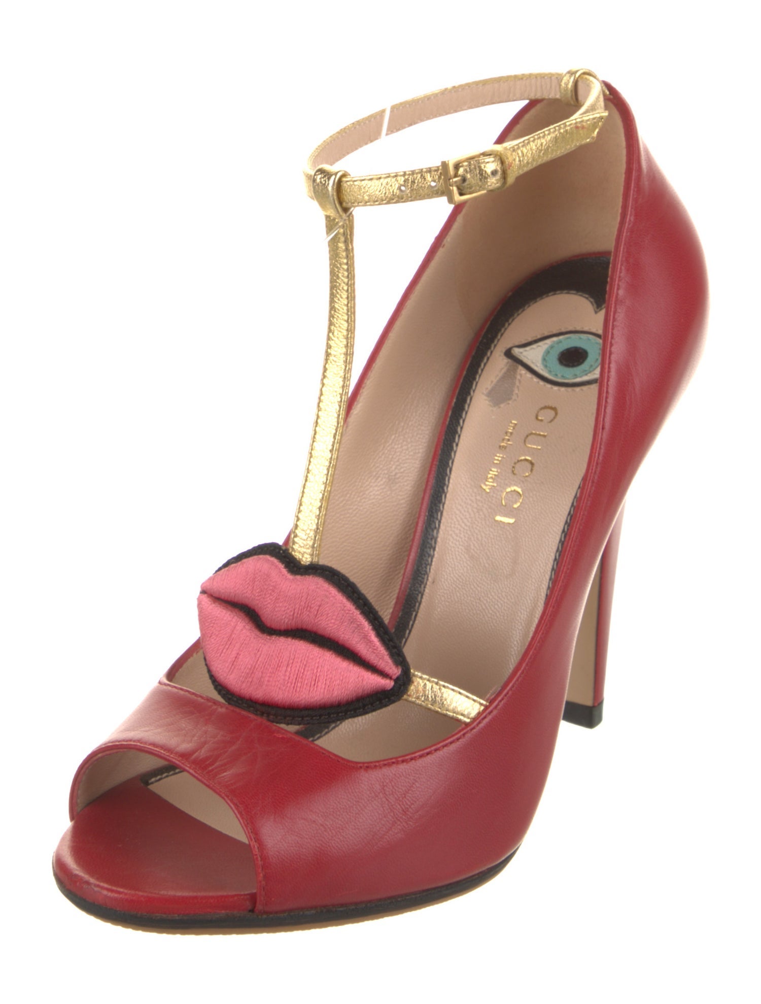 Gucci Leather Embroidered Accent T-Strap Pumps