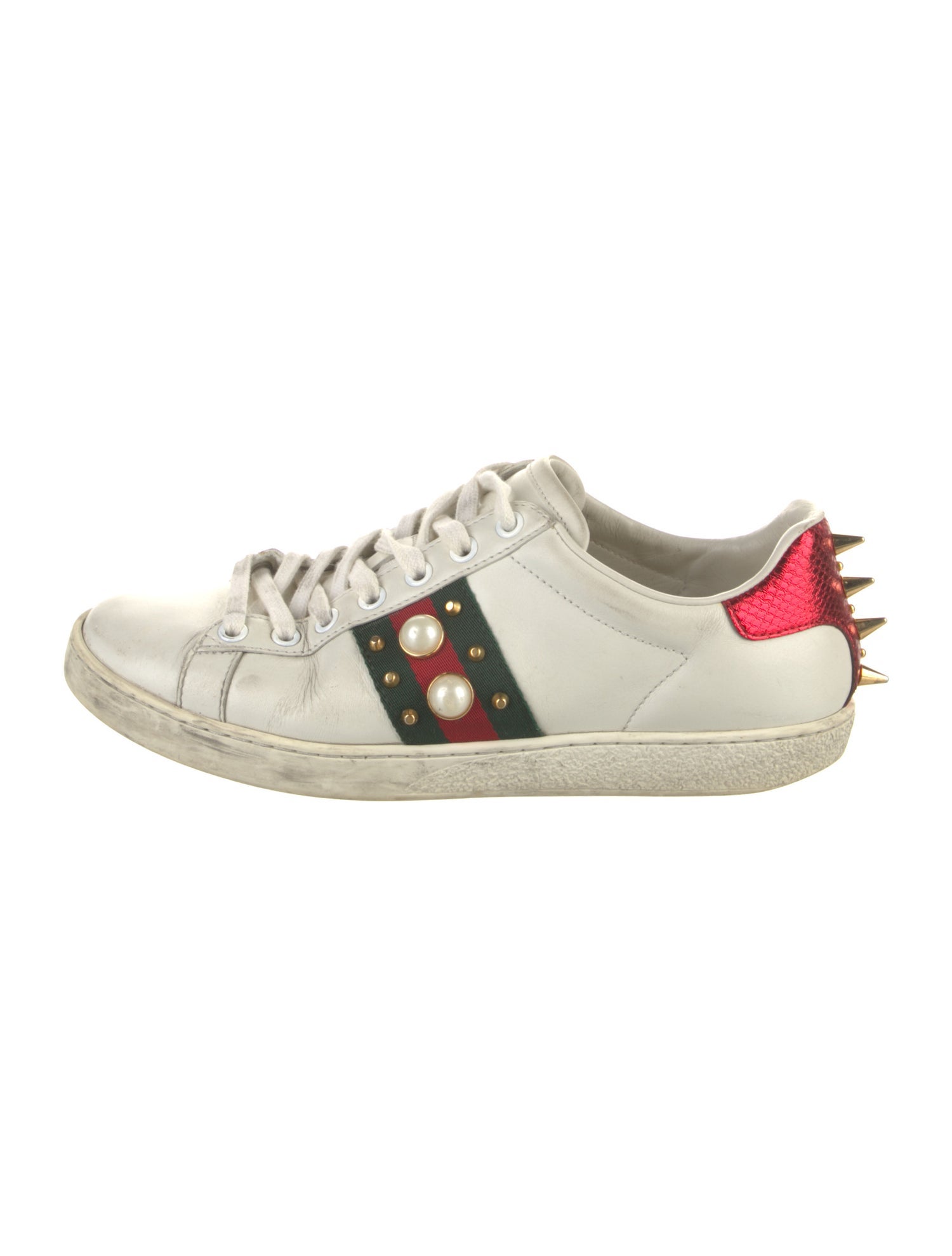 Gucci Faux Pearl Accents Leather Sneakers