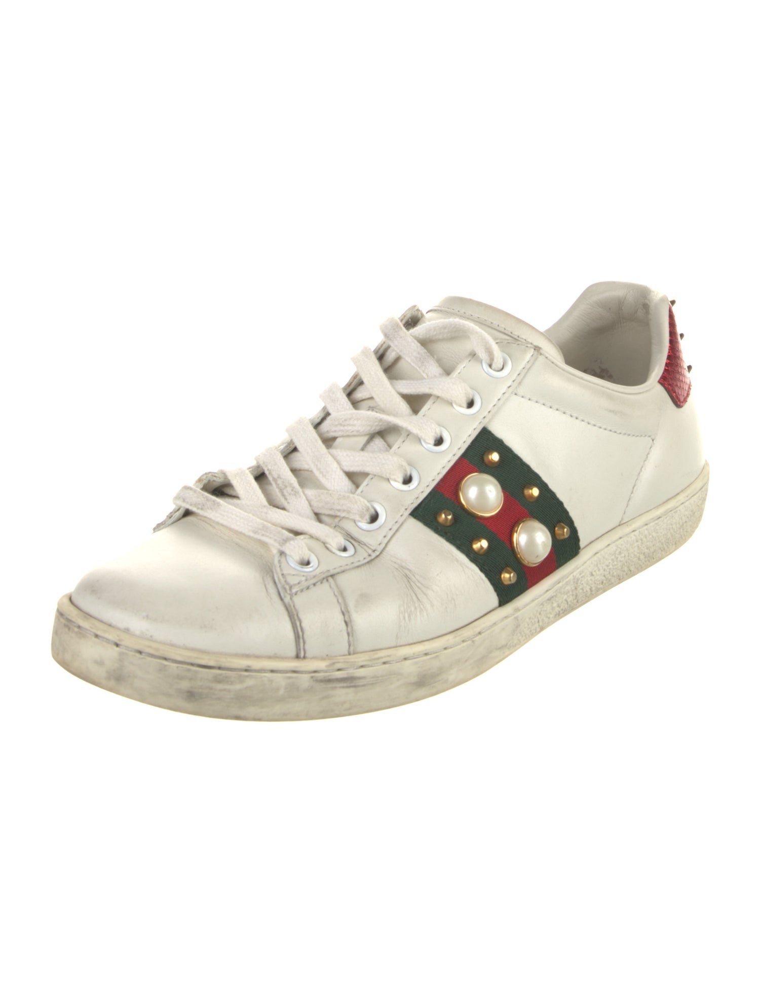Gucci Faux Pearl Accents Leather Sneakers