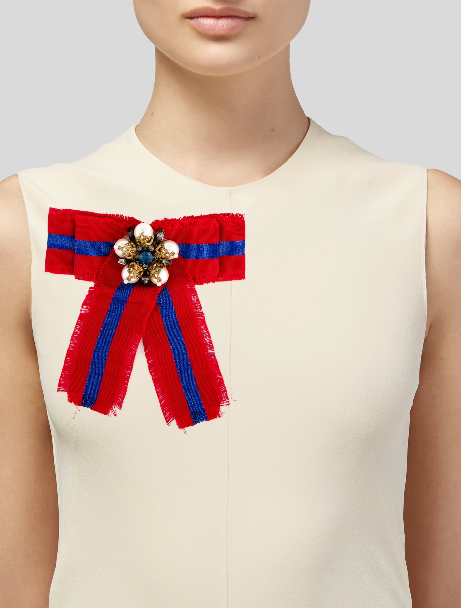 Gucci Web Faux Pearl, Crystal & Grosgrain Bow Brooch