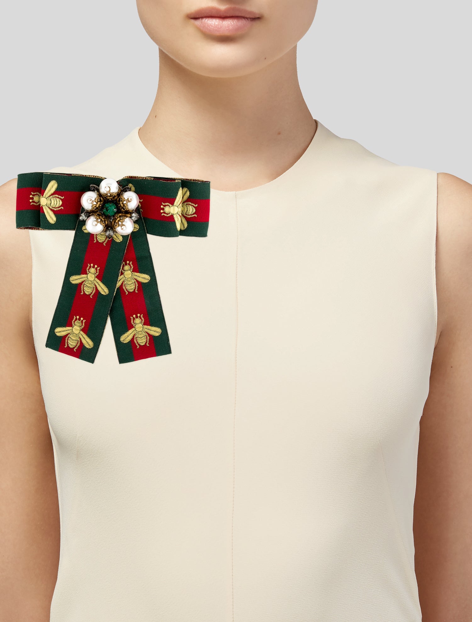 Gucci Crystal & Faux Pearl Web Bow Pin Brooch