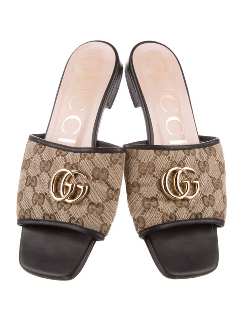 Gucci GG Canvas Leather Trim Embellishment Mules