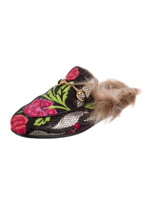 Gucci Floral Print Fur Trim Mules