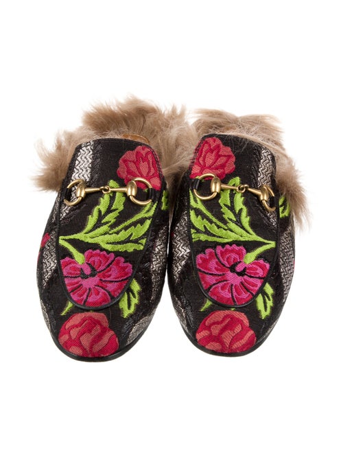 Gucci Floral Print Fur Trim Mules