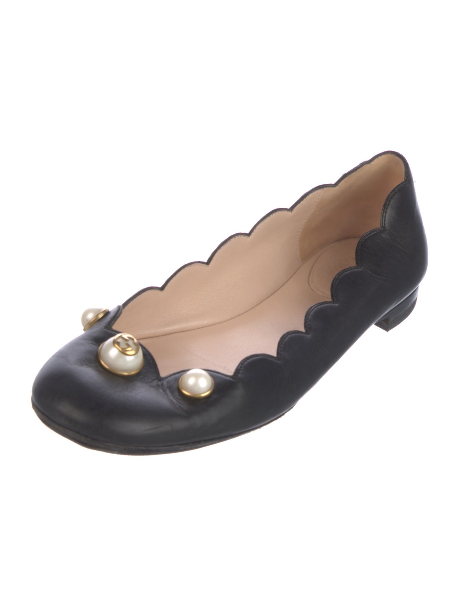 Gucci Faux Pearl Accents Leather Ballet Flats