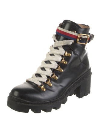 Gucci Sylvie Web Accent Leather Combat Boots
