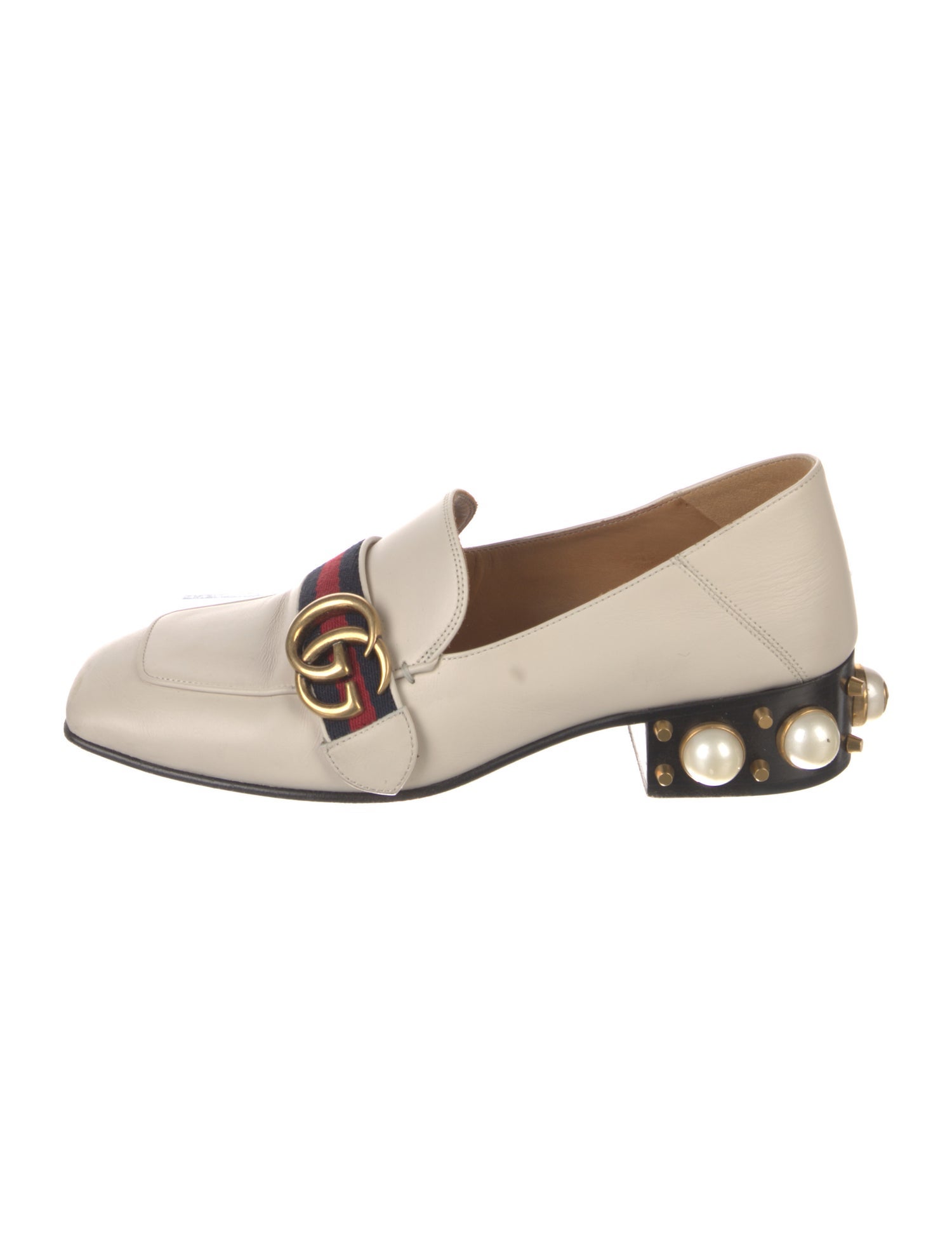 Gucci Faux Pearl Accents Leather Loafers