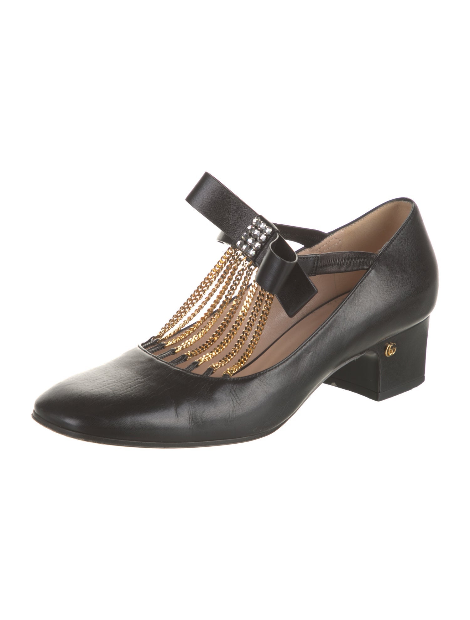 Gucci Leather Chain-Link Accents T-Strap Pumps