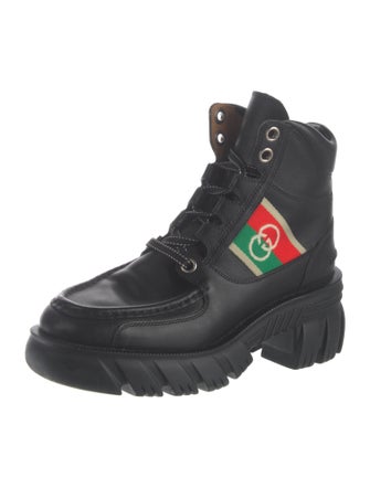 Gucci Web Accent Leather Combat Boots