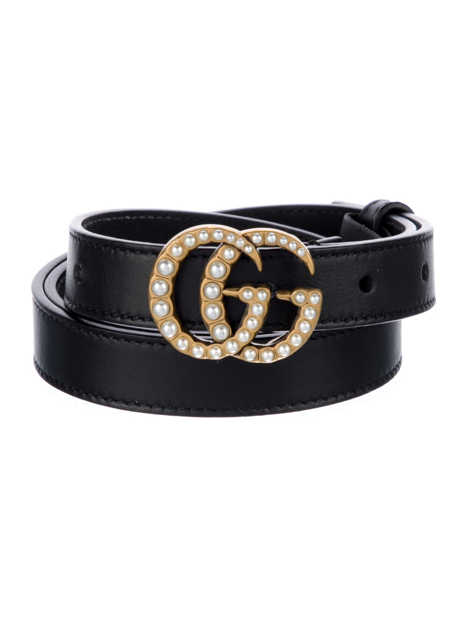 Gucci Faux Pearl Accents Leather Belt