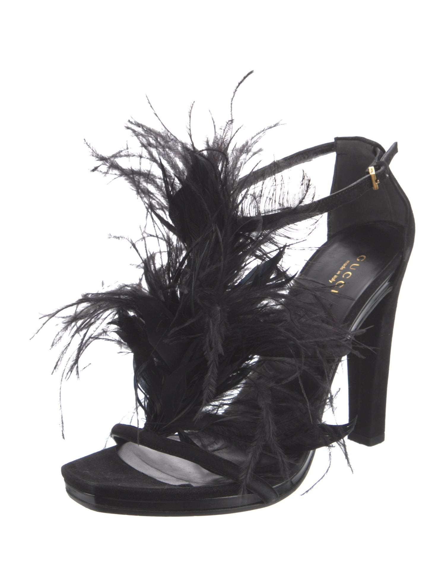 Gucci Suede Feather Trim T-Strap Sandals